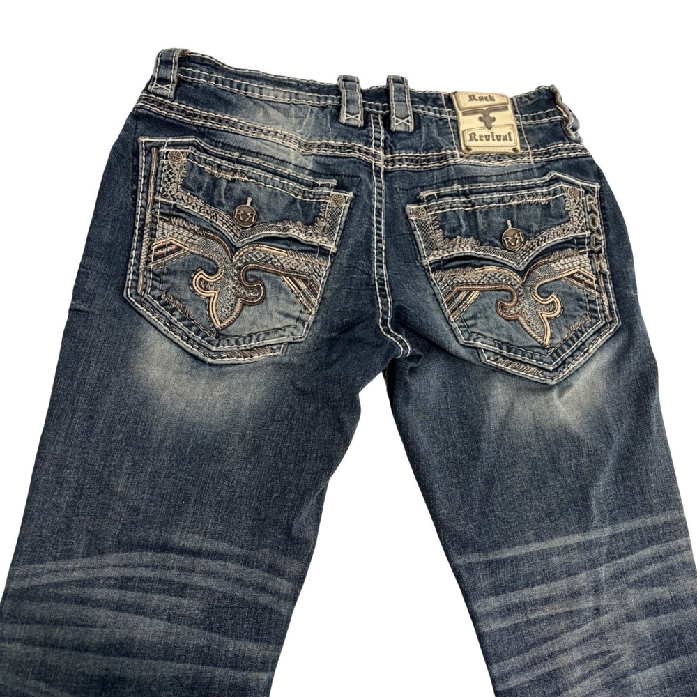 Rock Revival Dimitri Slim Straight Blue Jeans Mens L 34x30 Embellished Pockets